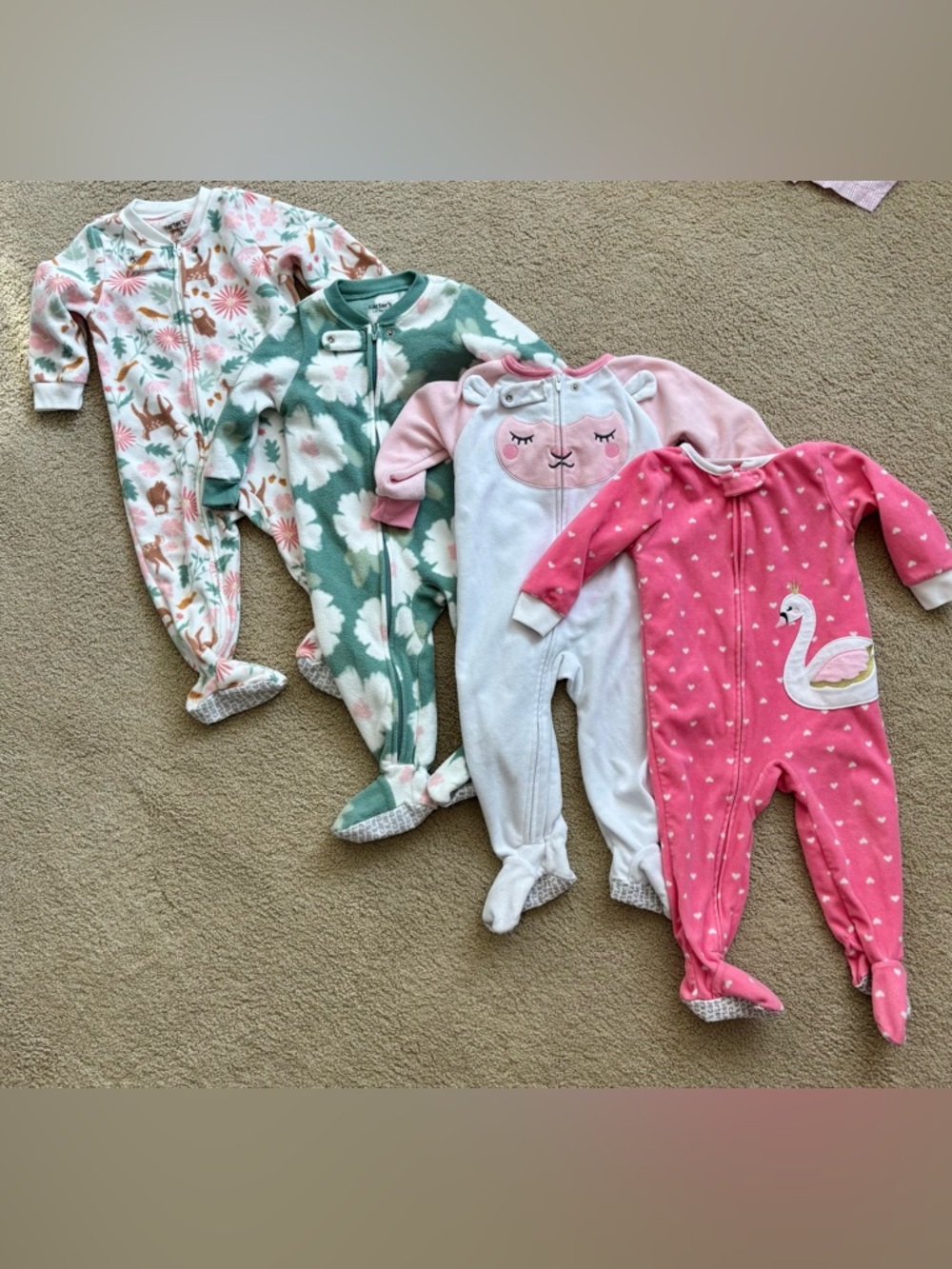 4 Carter's Fleece Footed One-Piece Sleepers- 12 Months